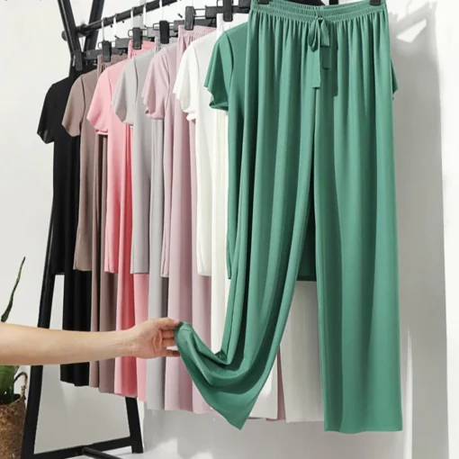 Soft Comfortable Ice Silk Short Sleeve T-Shirt Two Piece Set Loose Wide-leg Pants