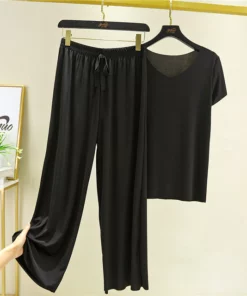 Soft Comfortable Ice Silk Short Sleeve T-Shirt Two Piece Set Loose Wide-leg Pants