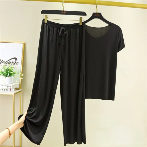 Soft Comfortable Ice Silk Short Sleeve T-Shirt Two Piece Set Loose Wide-leg Pants