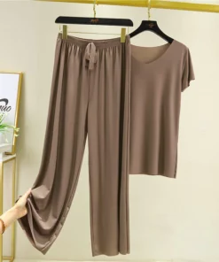 Soft Comfortable Ice Silk Short Sleeve T-Shirt Two Piece Set Loose Wide-leg Pants