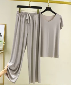 Soft Comfortable Ice Silk Short Sleeve T-Shirt Two Piece Set Loose Wide-leg Pants