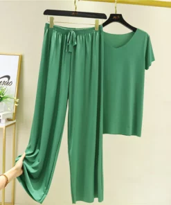 Soft Comfortable Ice Silk Short Sleeve T-Shirt Two Piece Set Loose Wide-leg Pants