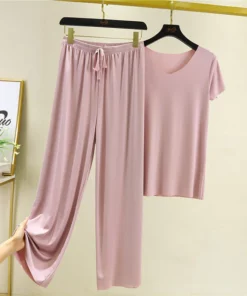 Soft Comfortable Ice Silk Short Sleeve T-Shirt Two Piece Set Loose Wide-leg Pants