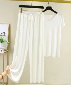 Soft Comfortable Ice Silk Short Sleeve T-Shirt Two Piece Set Loose Wide-leg Pants