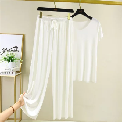 Soft Comfortable Ice Silk Short Sleeve T-Shirt Two Piece Set Loose Wide-leg Pants