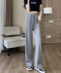 Ice Silk Checkered Wide Leg Pants