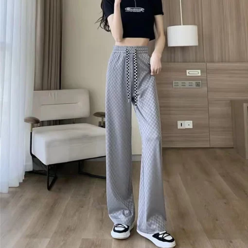 Ice Silk Checkered Wide Leg Pants