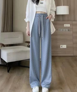 Ice Silk Checkered Wide Leg Pants