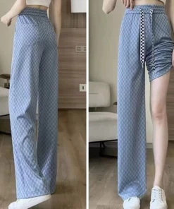 Ice Silk Checkered Wide Leg Pants