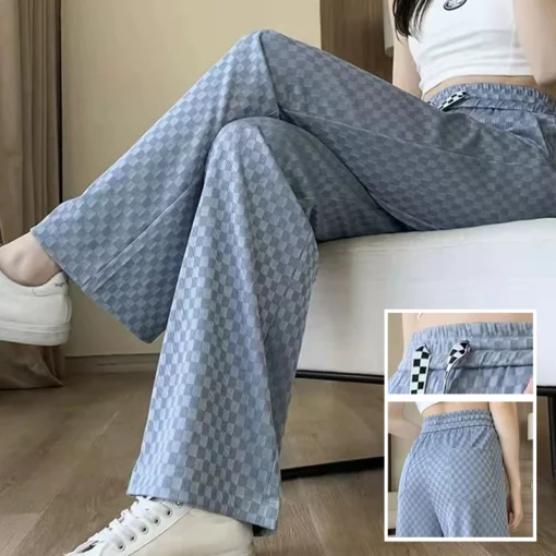 Ice Silk Checkered Wide Leg Pants