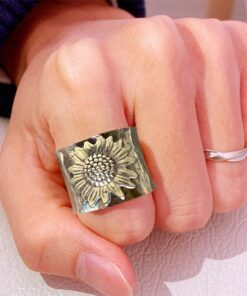 Golden Sunflower Wide Band Silver Ring