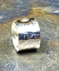 Golden Sunflower Wide Band Silver Ring