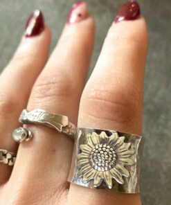 Golden Sunflower Wide Band Silver Ring