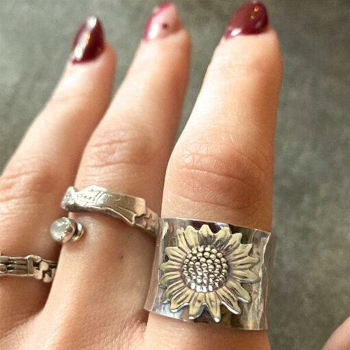 Golden Sunflower Wide Band Silver Ring