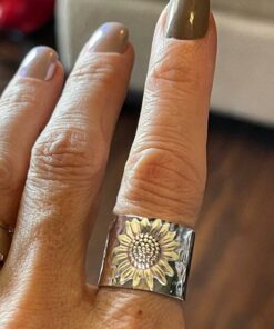 Golden Sunflower Wide Band Silver Ring