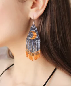 Beaded Earrings Moon Crescent Fringe