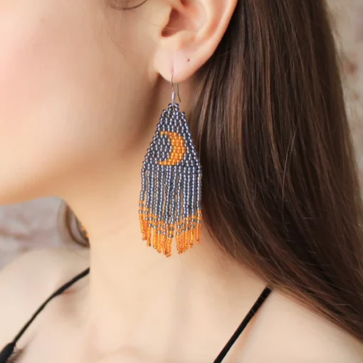 Beaded Earrings Moon Crescent Fringe