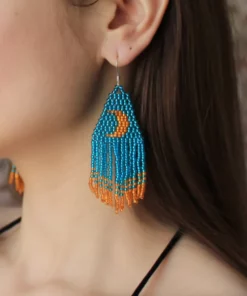 Beaded Earrings Moon Crescent Fringe