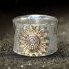 Golden Sunflower Wide Band Silver Ring