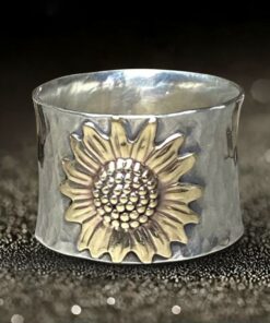 Golden Sunflower Wide Band Silver Ring