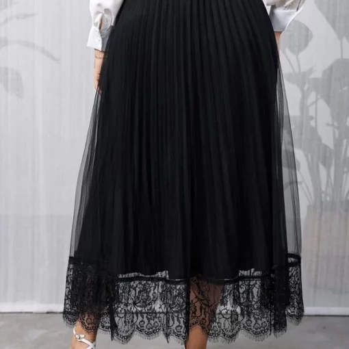 Plus Size Eyelash Lace High Waist Pleated Mesh Skirt