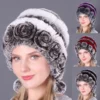 Lady Warm Flowers Striped Real Rex Rabbit Fur Hats