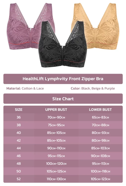 HealthLift Lymphvity Front Zipper Bra, Comfort Wireless Front Close Bra