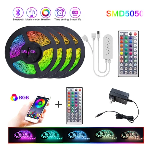 DC 12V LED Strip Light RGB 5050 Music Sync Color Changing Sensitive App Control Flexible Gaming Desk Lighting TV Backlight