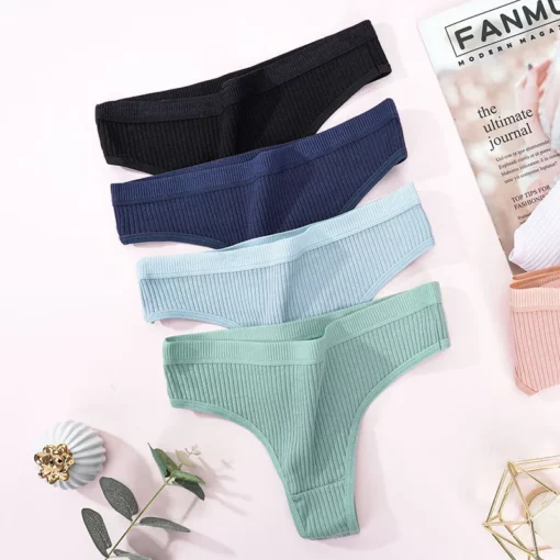 4Pcs Women's Panties Fashion Striped Thongs Soft Cotton Underwear Ladies Sexy Lingerie Sports Breathable G-Strings Cozy T-Back