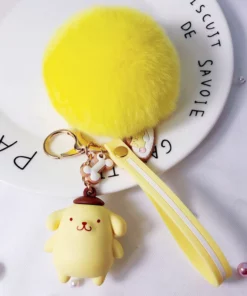 Hello Kitty Sanrio Kuromi Penguin Frog Dog Cat Cute Keychains with Fluffy Rabbit Fur Ball Women Girl Bag Pendant Keyring Gifts