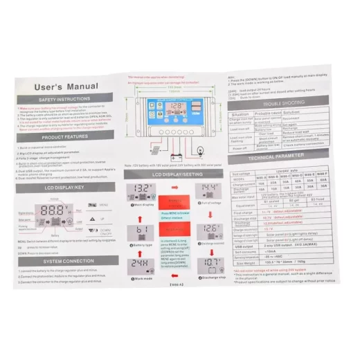 Solar Charge Controller 12V24V 30A/20A/10A Auto LCD Dual USB 5V Output Photovoltaic Solar Panel PV Regulator Load Discharger